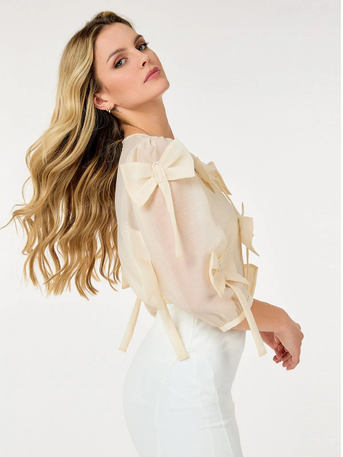 WOMEN'S 3/4 SLEEVE BOW DETAILED BLOUSE