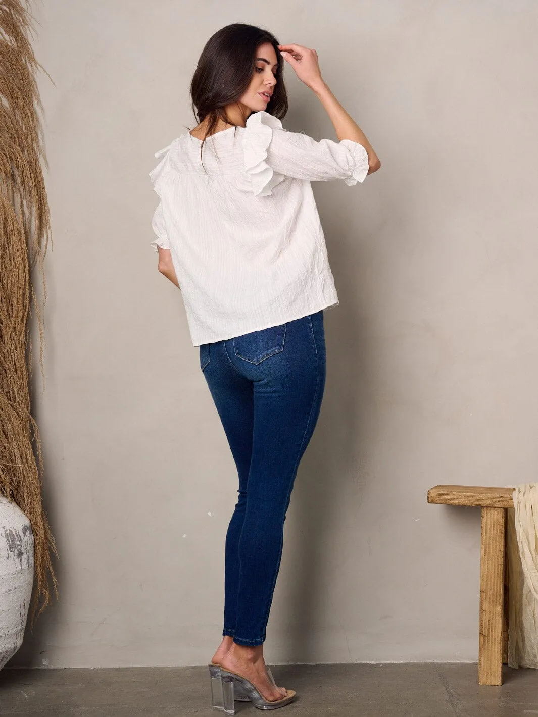 WOMEN'S 3/4 SLEEVE RUFFLE TUNIC TOP