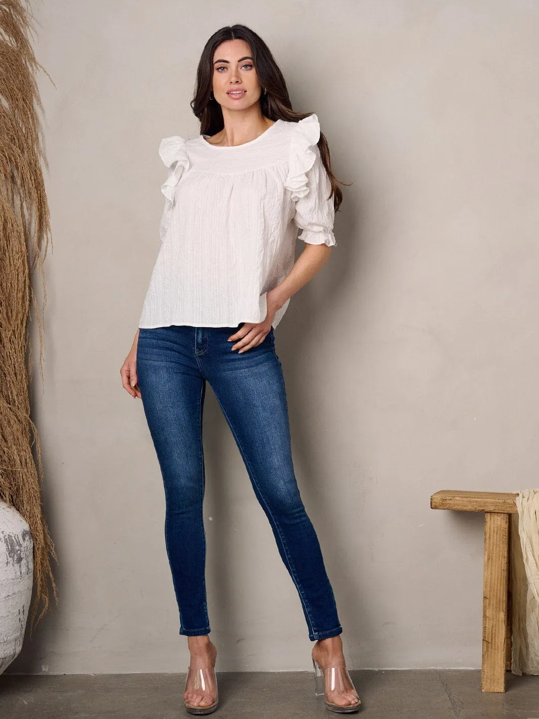 WOMEN'S 3/4 SLEEVE RUFFLE TUNIC TOP