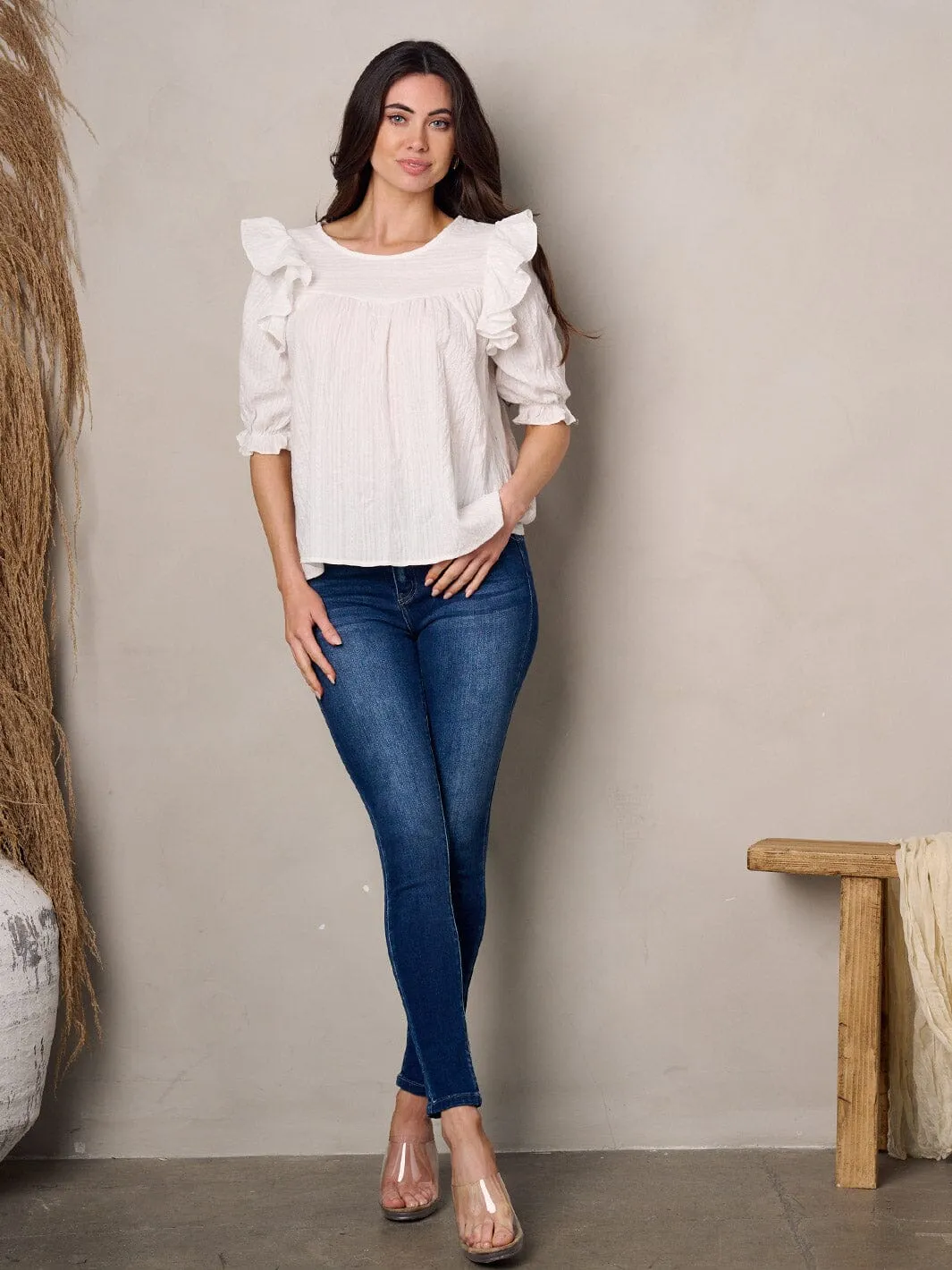 WOMEN'S 3/4 SLEEVE RUFFLE TUNIC TOP
