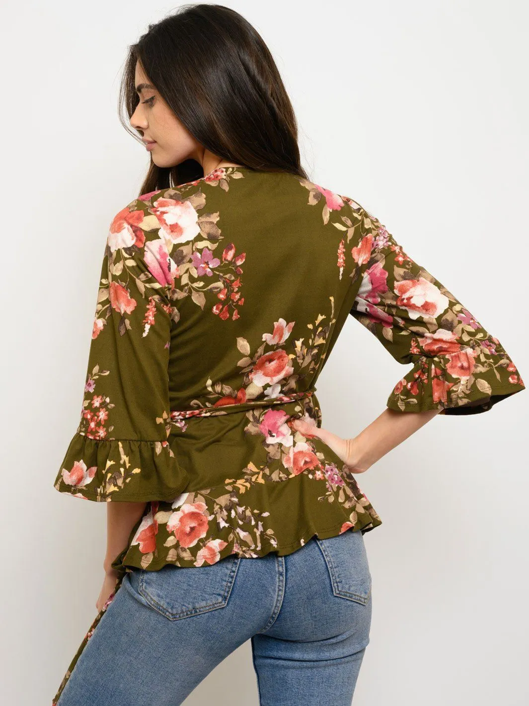 WOMEN'S 3/4 SLEEVES FLORAL WRAP TOP