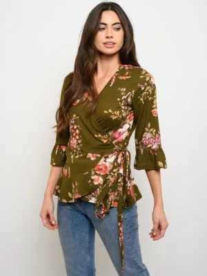 WOMEN'S 3/4 SLEEVES FLORAL WRAP TOP