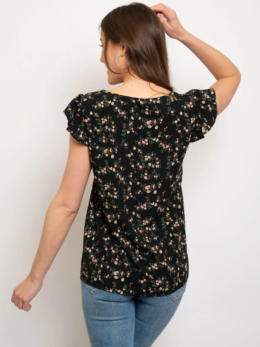 WOMEN'S BLACK FLORAL RUFFLE SLEEVE TOP
