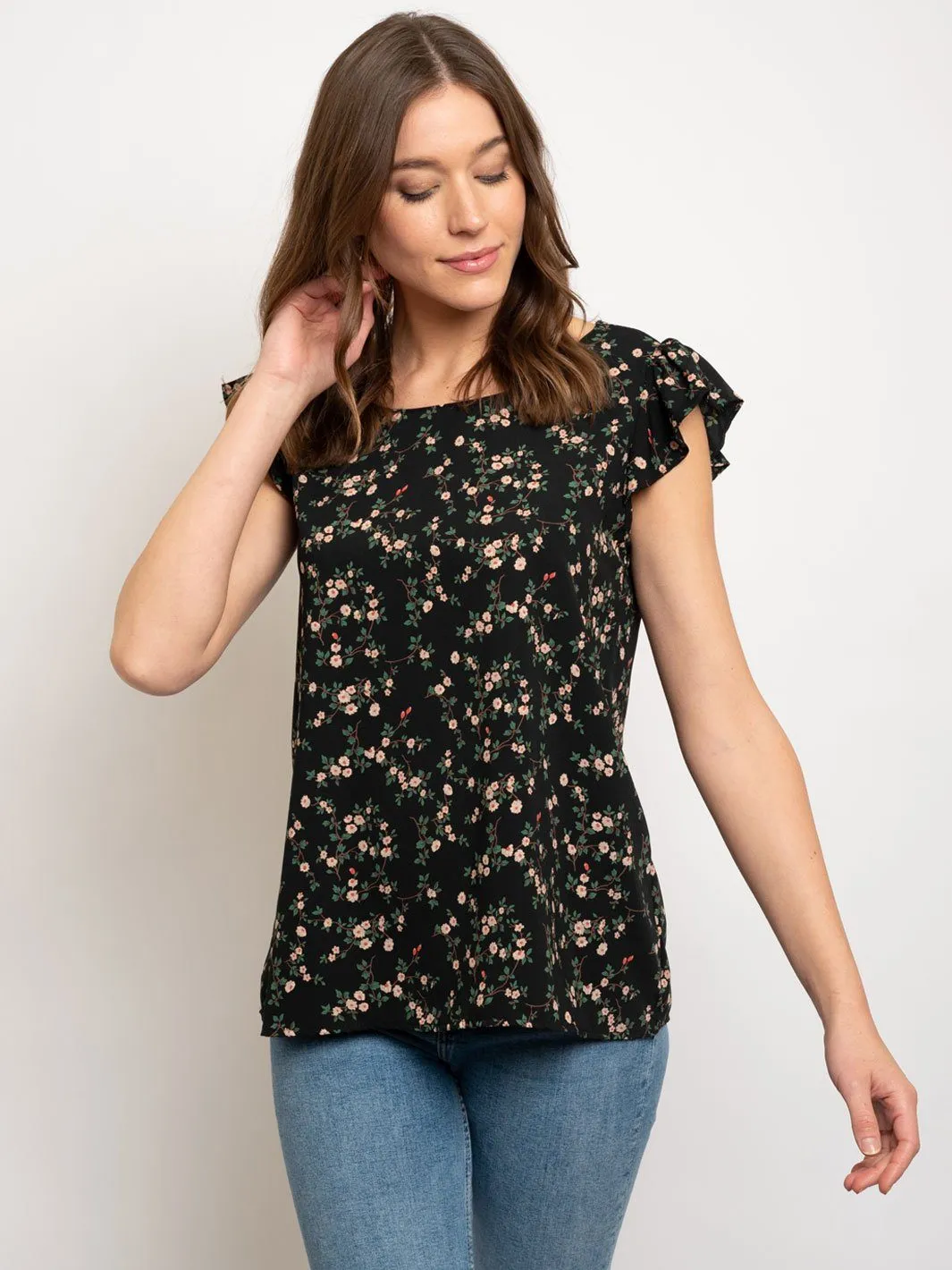 WOMEN'S BLACK FLORAL RUFFLE SLEEVE TOP