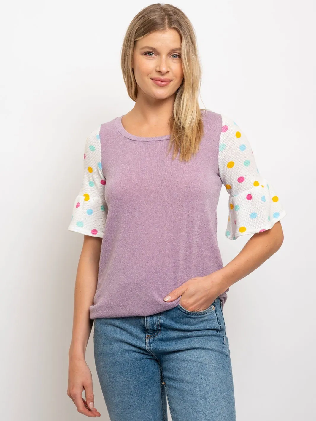 WOMEN'S COLOR DOT RUFFLE HEM SLEEVE TOP