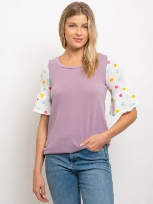WOMEN'S COLOR DOT RUFFLE HEM SLEEVE TOP