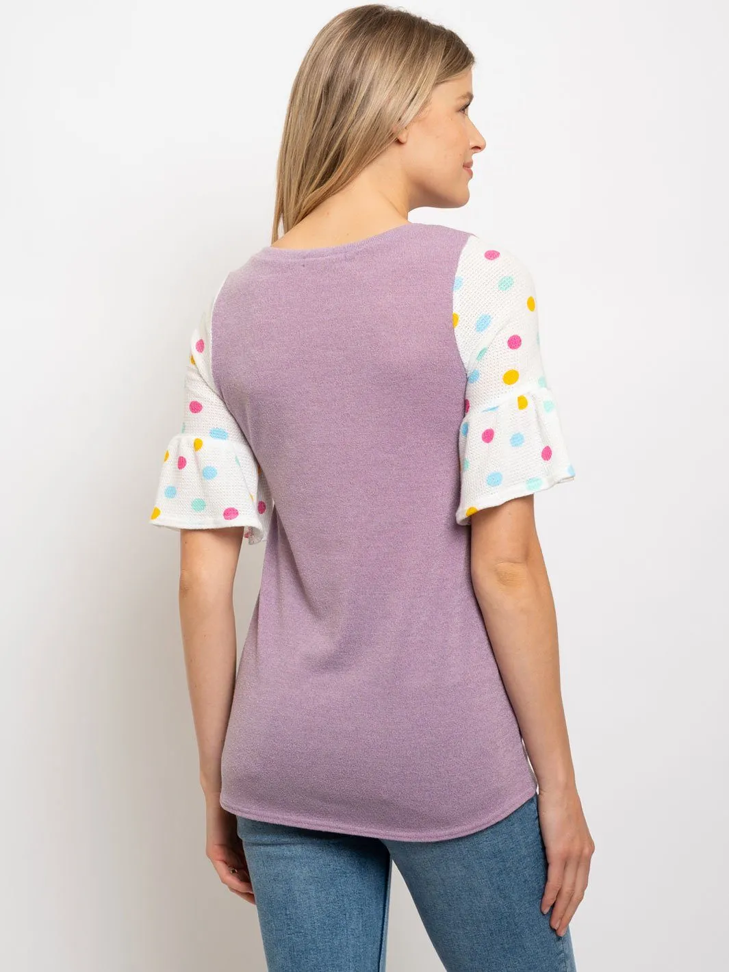 WOMEN'S COLOR DOT RUFFLE HEM SLEEVE TOP