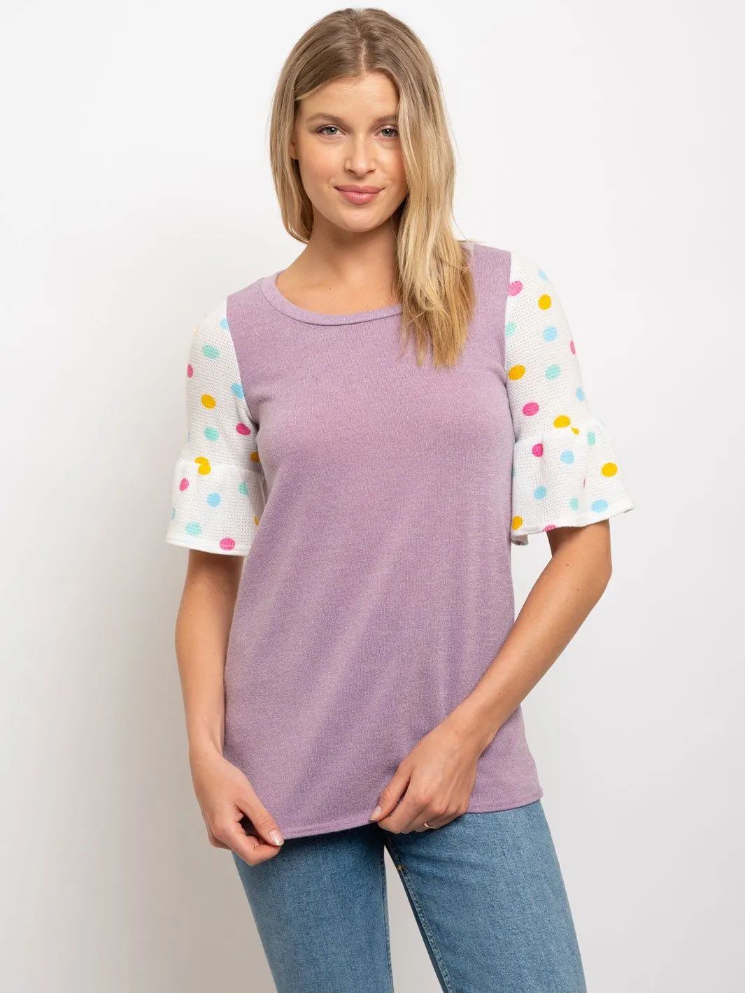 WOMEN'S COLOR DOT RUFFLE HEM SLEEVE TOP