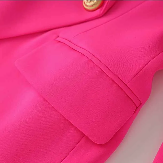 Women's Golden Lion Buttons Hot Pink Skirts Blazer Suit Jacket   High Waist Skirts Suit