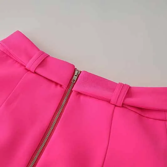 Women's Golden Lion Buttons Hot Pink Skirts Blazer Suit Jacket   High Waist Skirts Suit