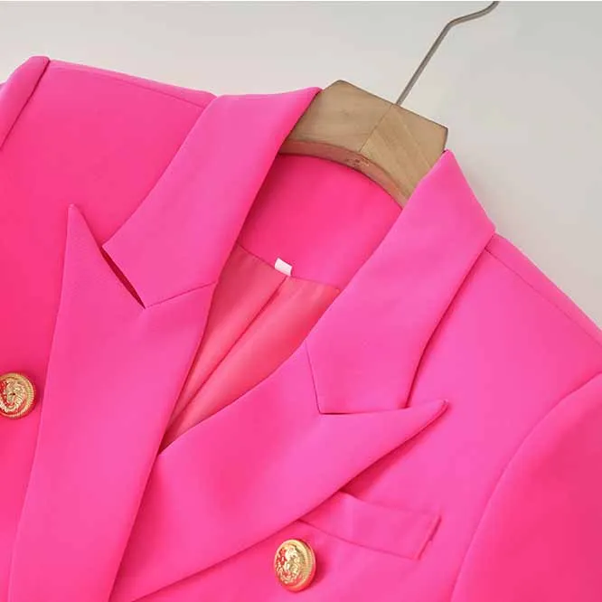 Women's Golden Lion Buttons Hot Pink Skirts Blazer Suit Jacket   High Waist Skirts Suit