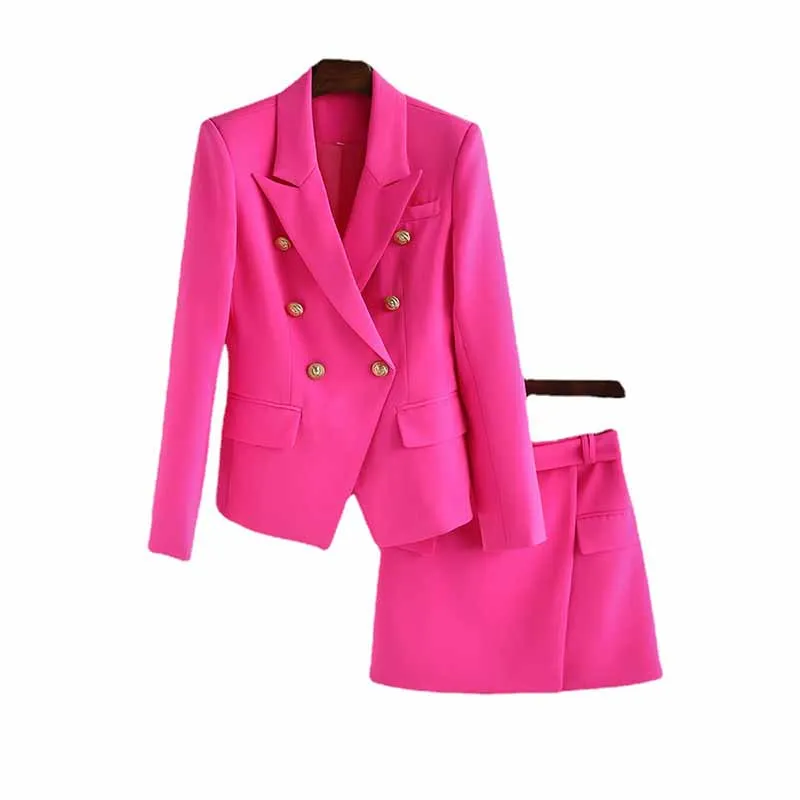 Women's Golden Lion Buttons Hot Pink Skirts Blazer Suit Jacket   High Waist Skirts Suit
