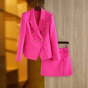 Women's Golden Lion Buttons Hot Pink Skirts Blazer Suit Jacket   High Waist Skirts Suit