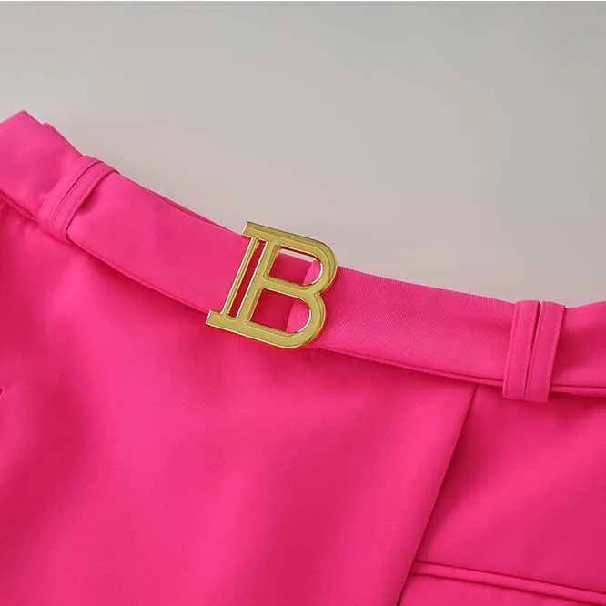 Women's Golden Lion Buttons Hot Pink Skirts Blazer Suit Jacket   High Waist Skirts Suit