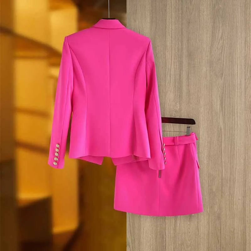 Women's Golden Lion Buttons Hot Pink Skirts Blazer Suit Jacket   High Waist Skirts Suit