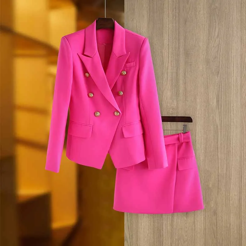 Women's Golden Lion Buttons Hot Pink Skirts Blazer Suit Jacket   High Waist Skirts Suit