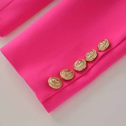 Women's Golden Lion Buttons Hot Pink Skirts Blazer Suit Jacket   High Waist Skirts Suit