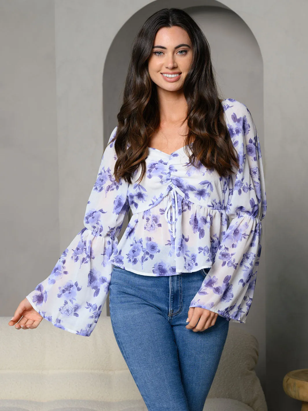 WOMEN'S LONG BELL SLEEVE FRONT RUCHING FLORAL TOP