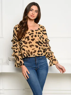 WOMEN'S LONG RUFFLE SLEEVE ANIMAL PRINT TOP