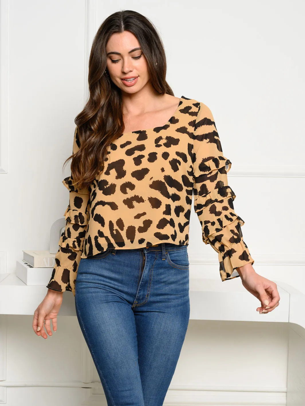 WOMEN'S LONG RUFFLE SLEEVE ANIMAL PRINT TOP