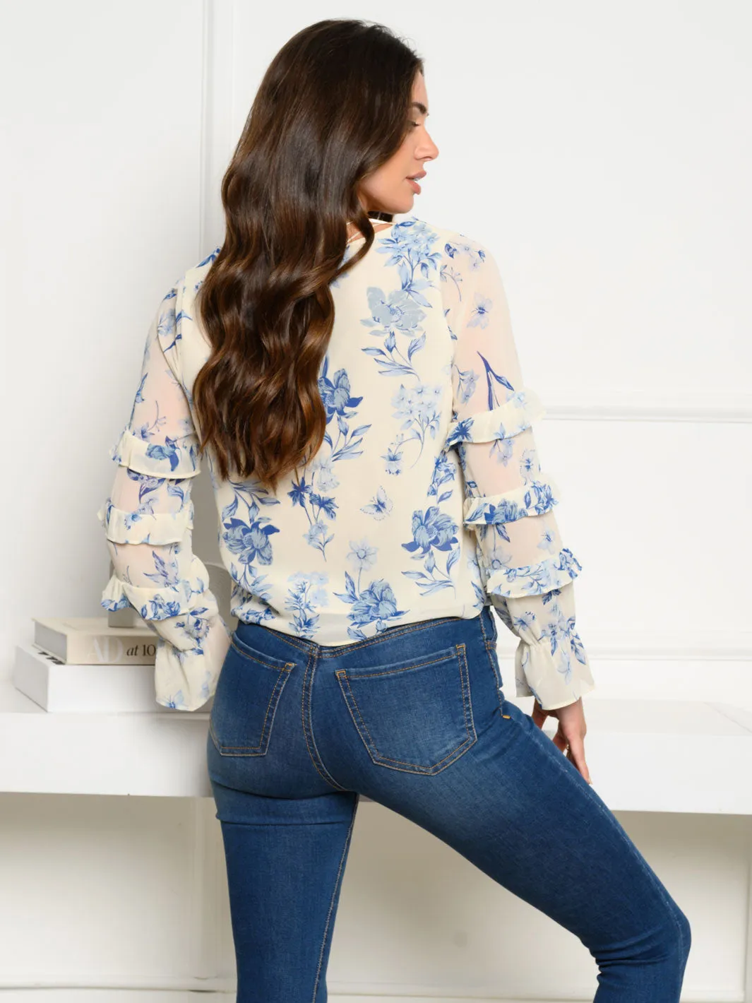 WOMEN'S LONG RUFFLE SLEEVE FLORAL PRINT TOP