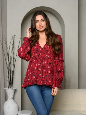 WOMEN'S LONG RUFFLE SLEEVE V-NECK FLORAL TOP