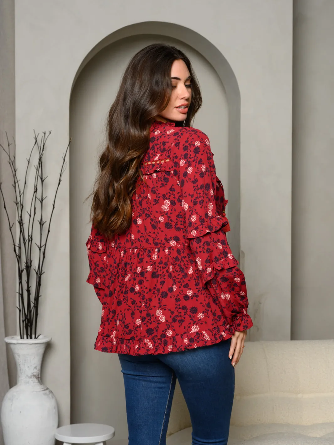 WOMEN'S LONG RUFFLE SLEEVE V-NECK FLORAL TOP