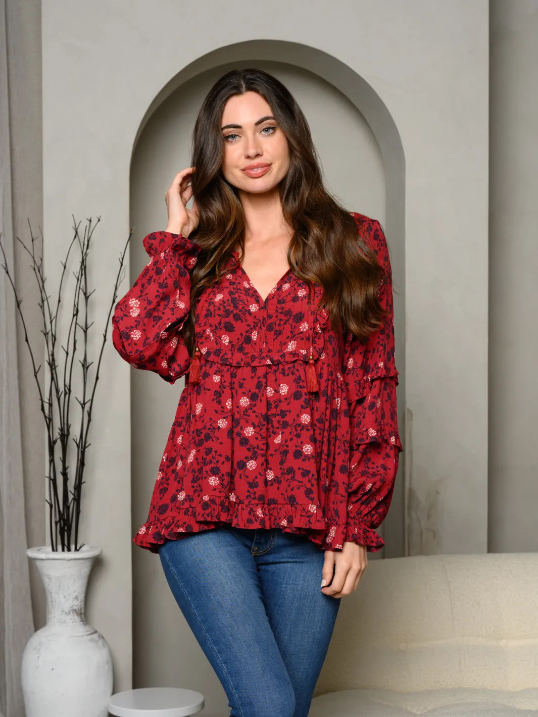 WOMEN'S LONG RUFFLE SLEEVE V-NECK FLORAL TOP