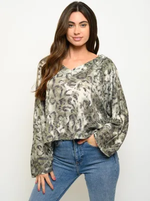 WOMEN'S LONG SLEEVE ANIMAL TIE DYE PRINT TOP