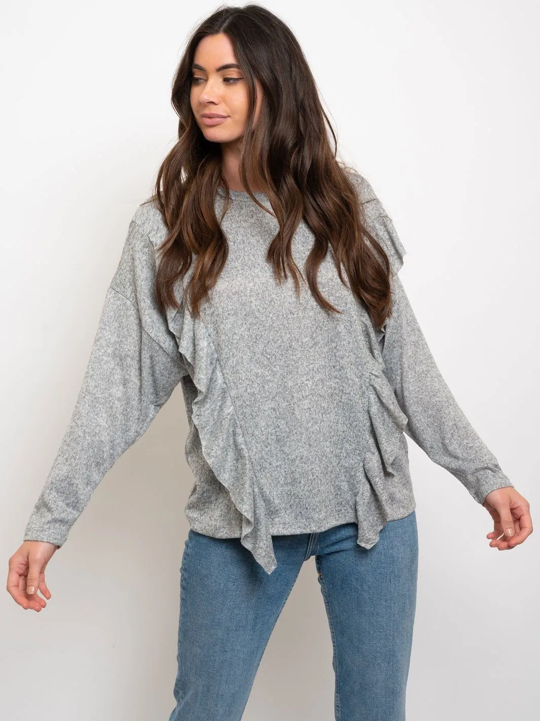 WOMENS LONG SLEEVE BRUSHED RUFFLE DETAIL TOP