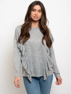 WOMENS LONG SLEEVE BRUSHED RUFFLE DETAIL TOP