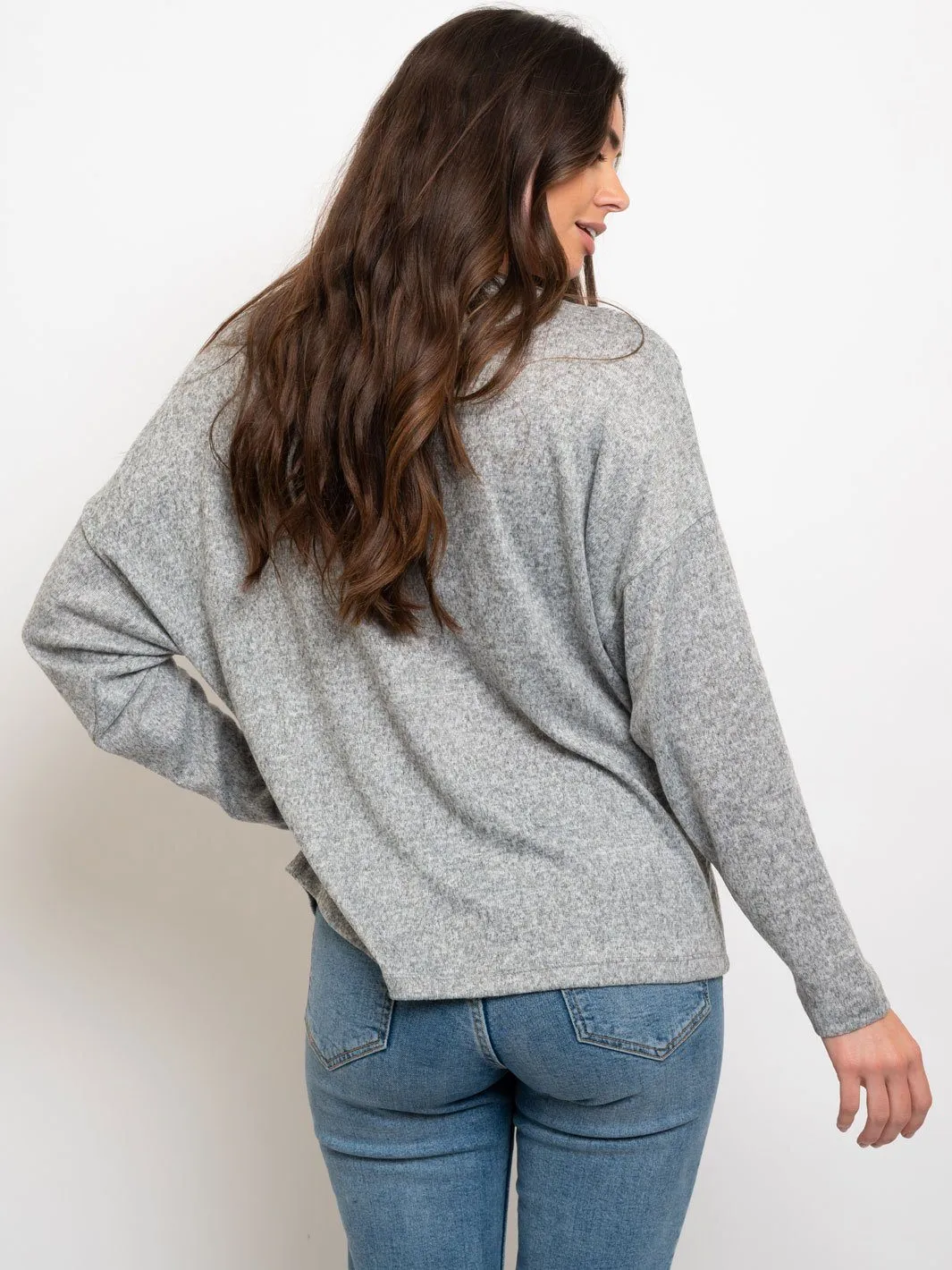 WOMENS LONG SLEEVE BRUSHED RUFFLE DETAIL TOP