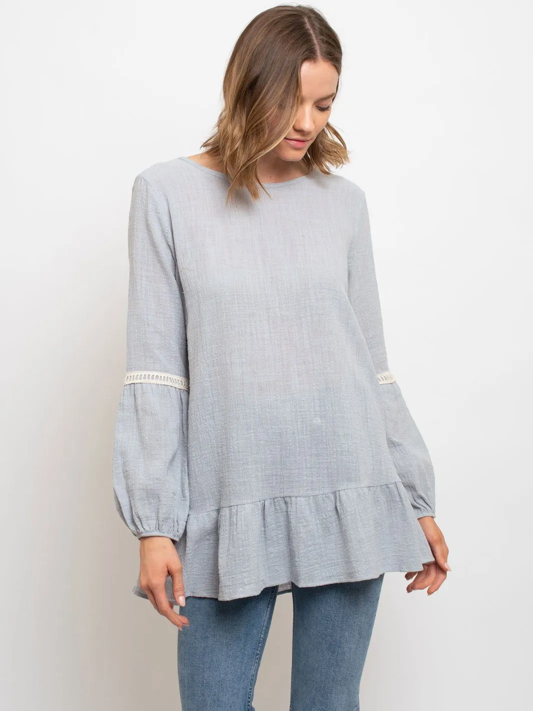 WOMEN'S LONG SLEEVE CROCKET DETAIL SLEEVES TOP