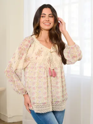 WOMEN'S LONG SLEEVE EMBROIDERY FLORAL TUNIC BLOUSE TOP