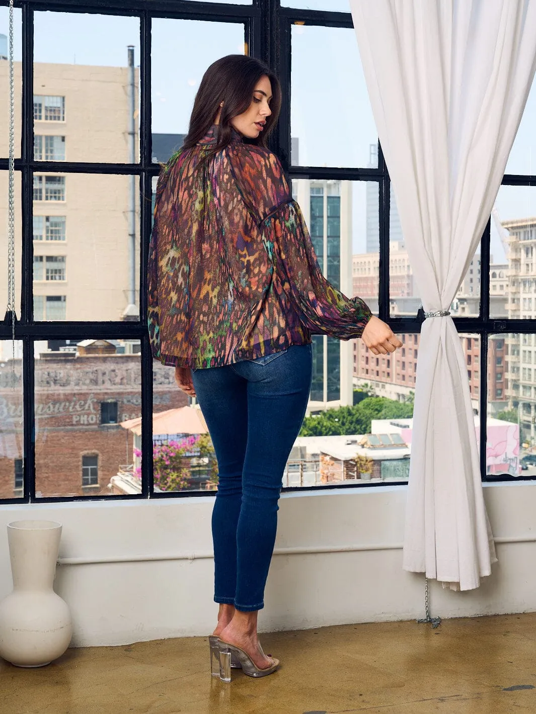 WOMEN'S LONG SLEEVE NECK TIE MULTI PRINT BLOUSE TOP