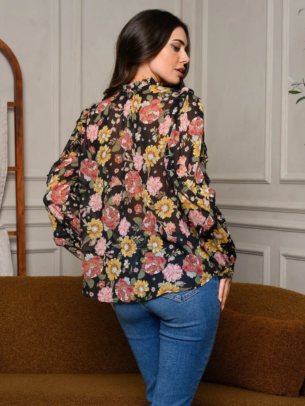 WOMEN'S LONG SLEEVE NECK TIE RUFFLE FLORAL TOP