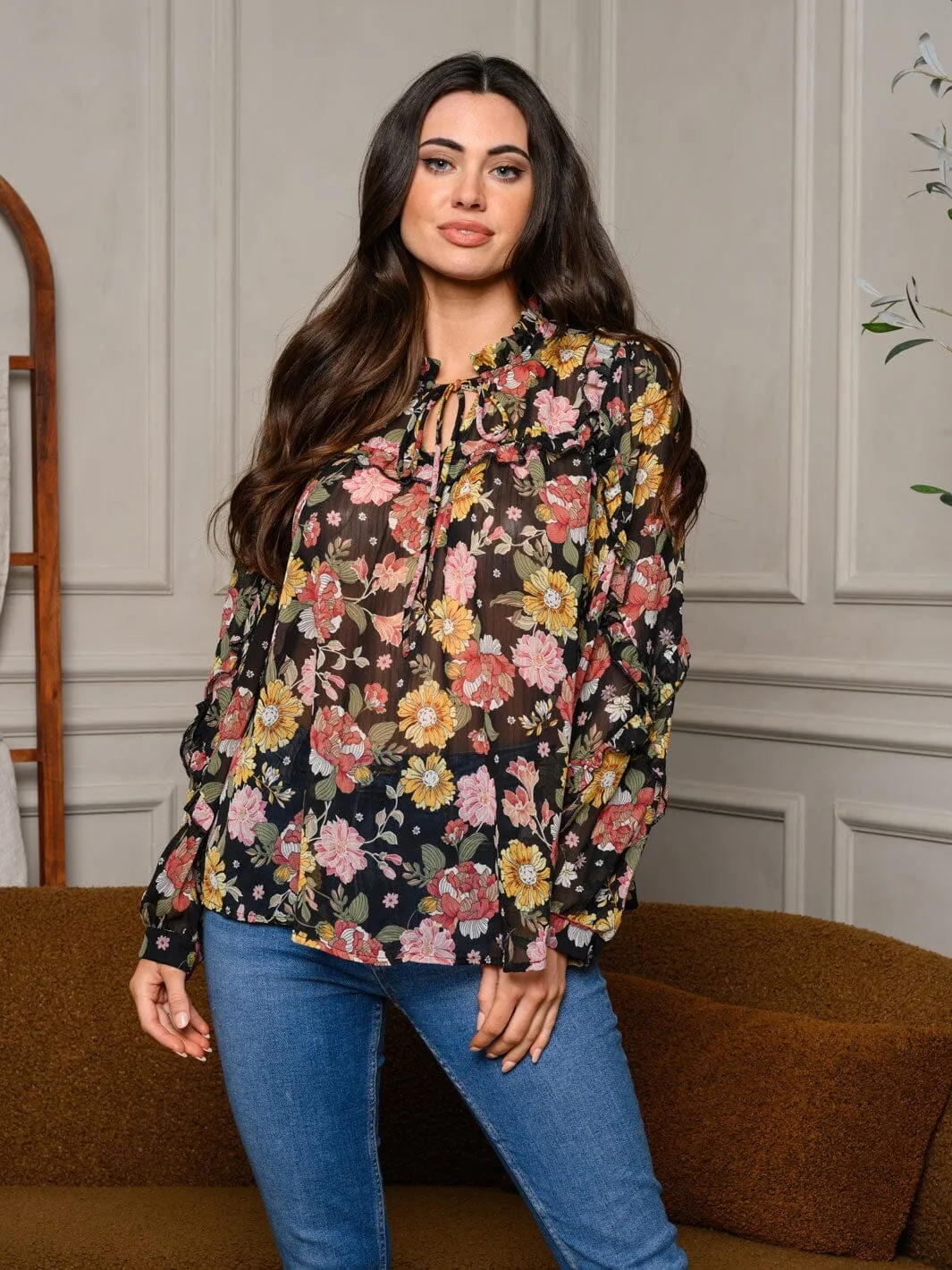 WOMEN'S LONG SLEEVE NECK TIE RUFFLE FLORAL TOP