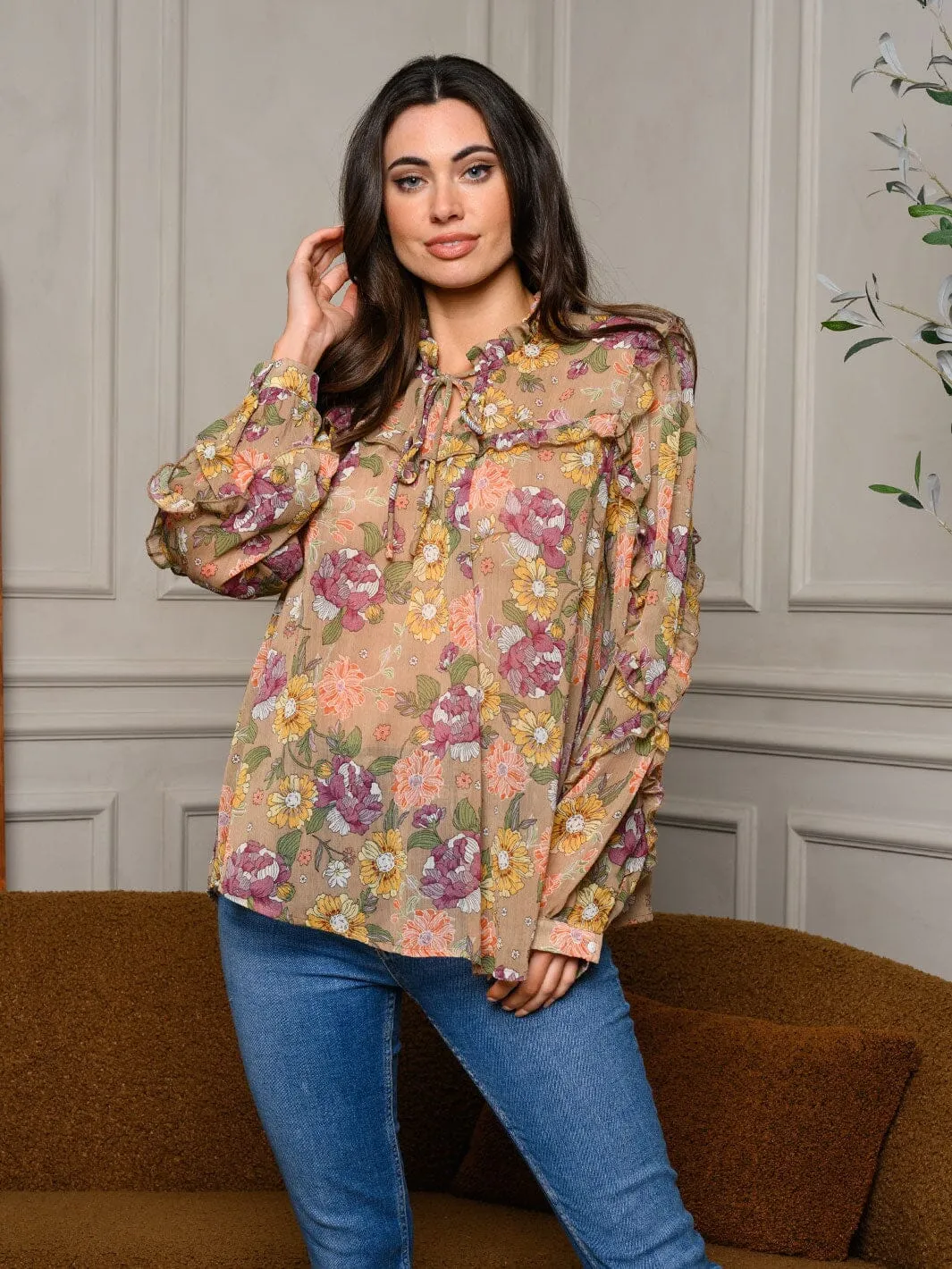 WOMEN'S LONG SLEEVE NECK TIE RUFFLE FLORAL TOP