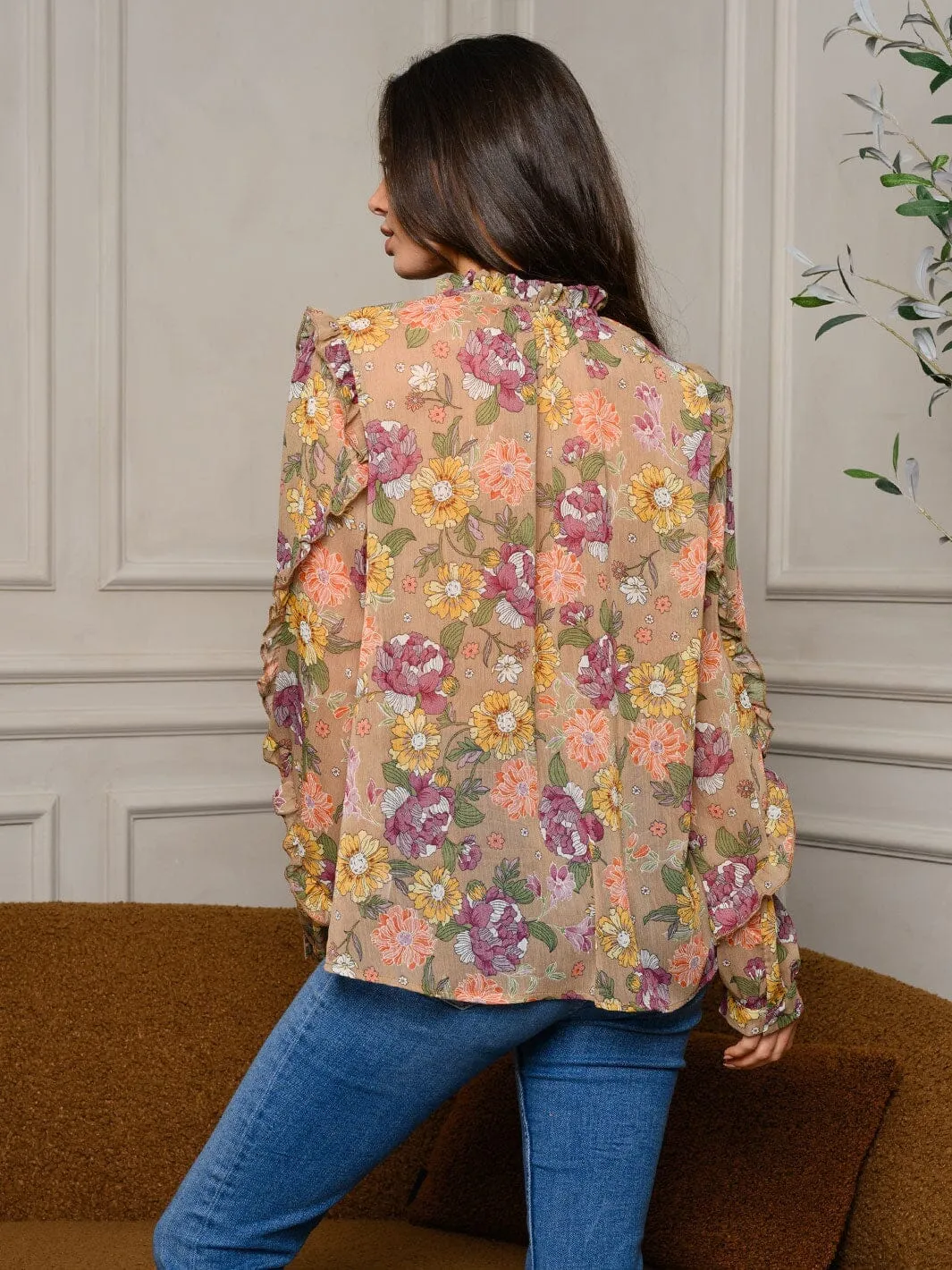 WOMEN'S LONG SLEEVE NECK TIE RUFFLE FLORAL TOP