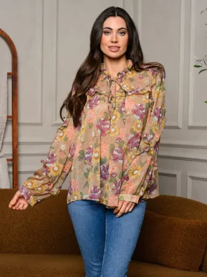 WOMEN'S LONG SLEEVE NECK TIE RUFFLE FLORAL TOP