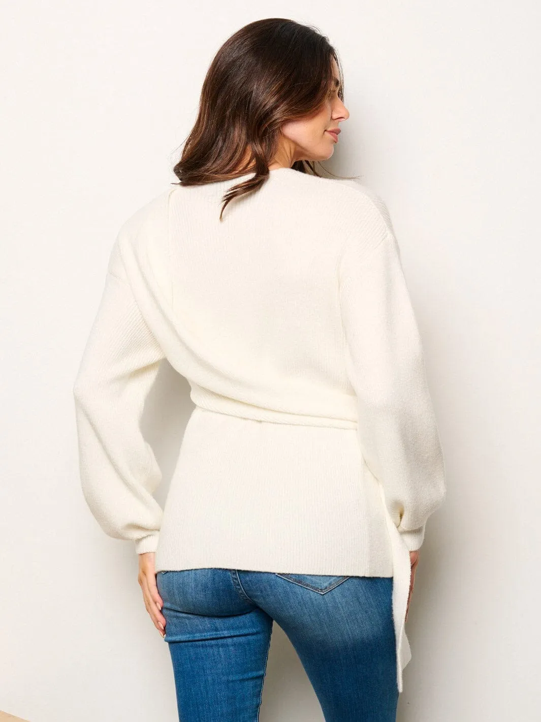WOMEN'S LONG SLEEVE SELF TIE WRAP RIBBED BLOUSE TOP