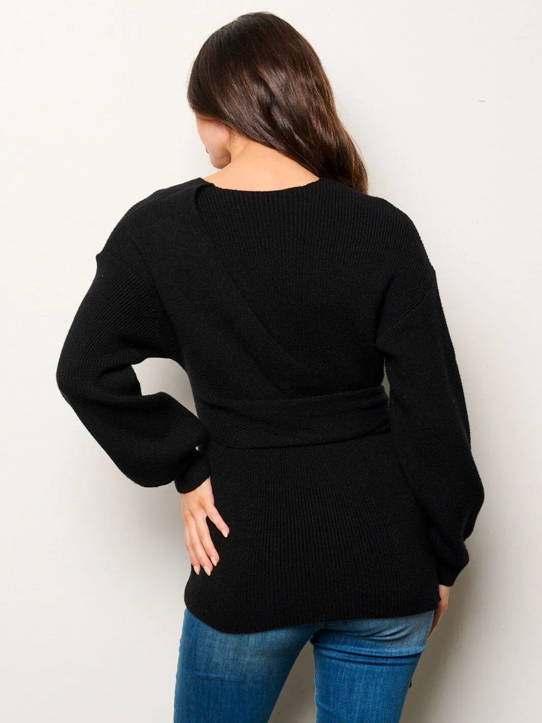 WOMEN'S LONG SLEEVE SELF TIE WRAP RIBBED BLOUSE TOP