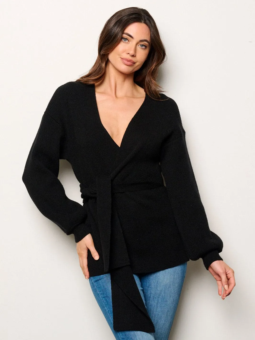 WOMEN'S LONG SLEEVE SELF TIE WRAP RIBBED BLOUSE TOP