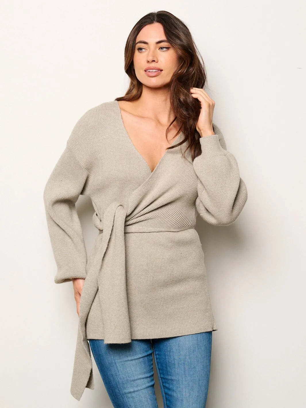 WOMEN'S LONG SLEEVE SELF TIE WRAP RIBBED BLOUSE TOP