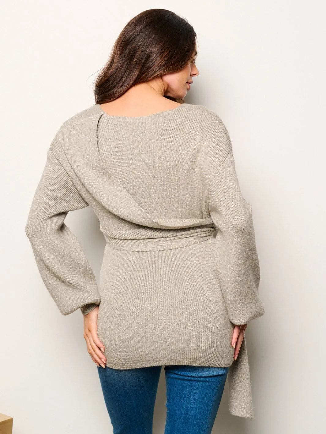 WOMEN'S LONG SLEEVE SELF TIE WRAP RIBBED BLOUSE TOP
