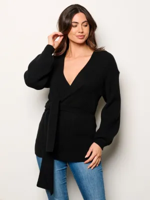 WOMEN'S LONG SLEEVE SELF TIE WRAP RIBBED BLOUSE TOP