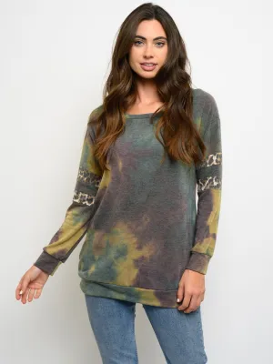 WOMEN'S LONG SLEEVE TIE DYE ANIMAL PRINT TOP