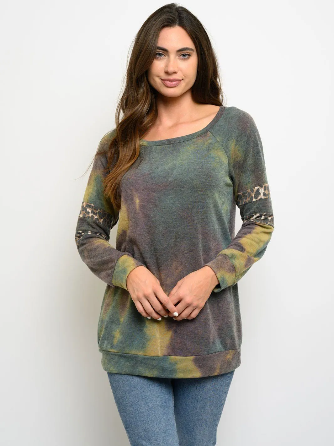 WOMEN'S LONG SLEEVE TIE DYE ANIMAL PRINT TOP