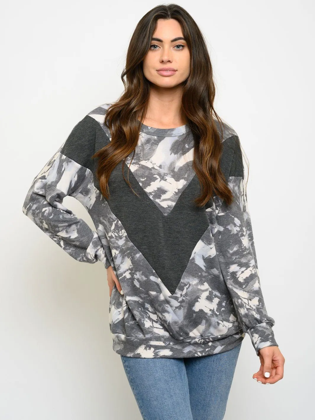 WOMEN'S LONG SLEEVE TIE DYE CONTRAST TOP