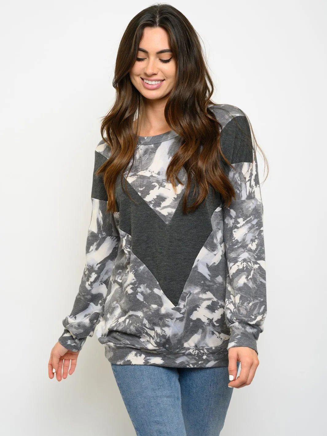 WOMEN'S LONG SLEEVE TIE DYE CONTRAST TOP